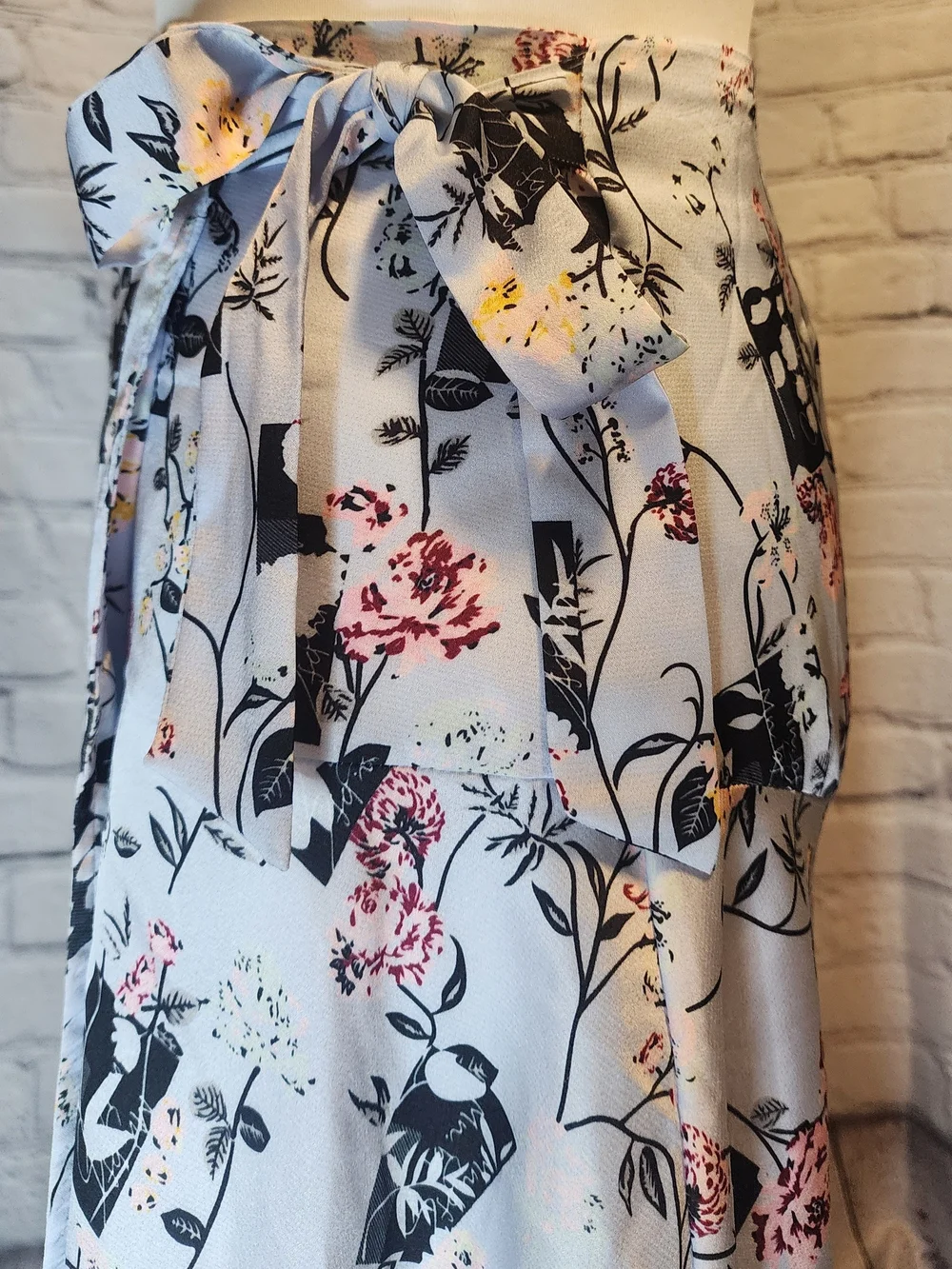 InShop Floral Wrap Skirt in White with Black & Soft Pink Blooms